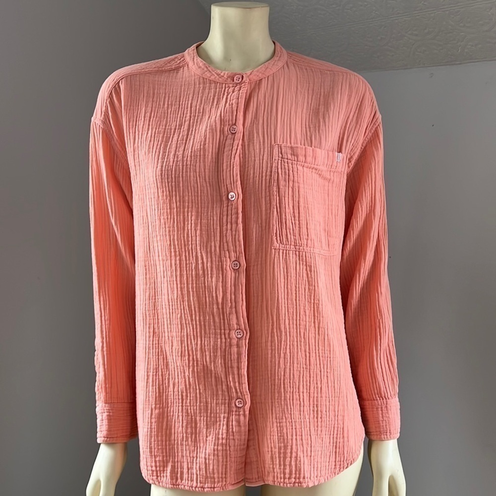 SUNDRY Women’s Mandarin Collar ButtonDown Cotton Gauze LongSleeve Shirt Peach XS